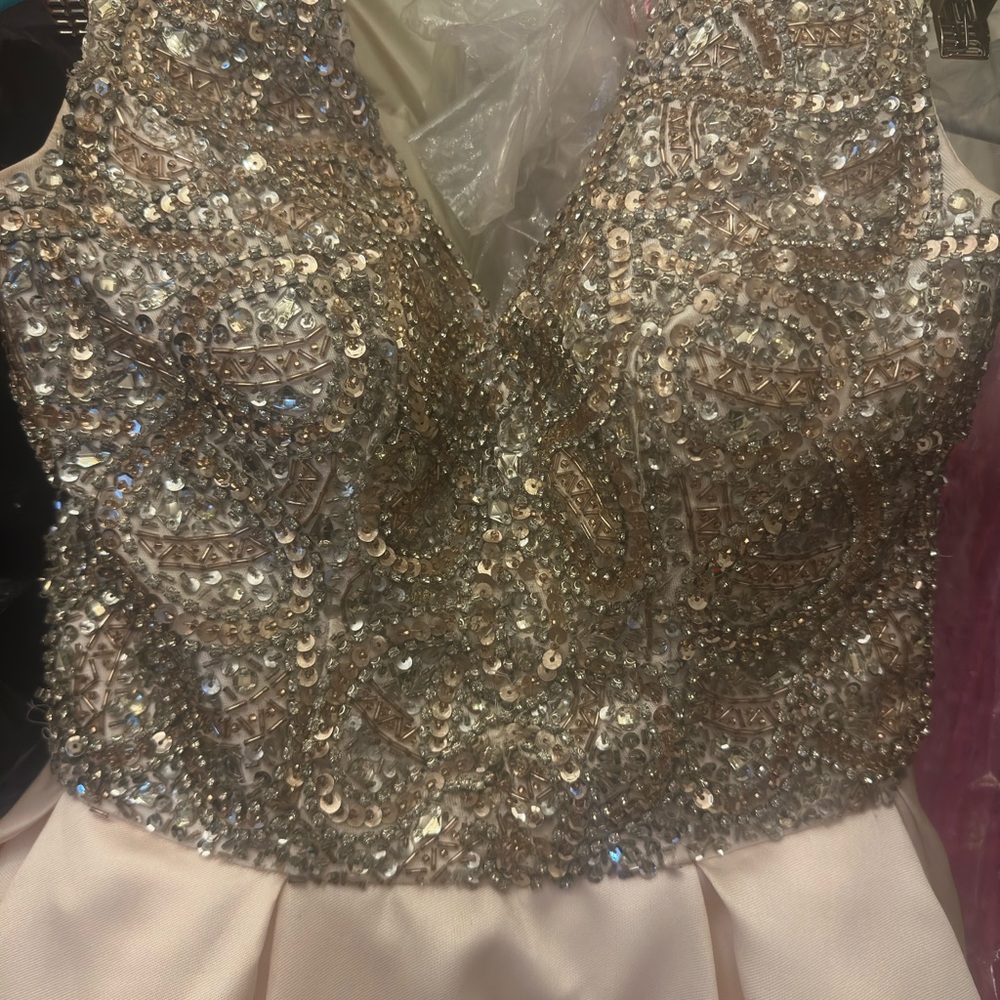 Sherri Hill Cream and Gold Pageant Formal Ballgown - Picture 2 of 3